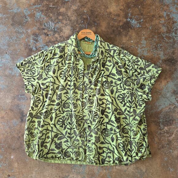Tianello Short Sleeve Top Tank Set Plus Size 2X Green Floral Print Camp Shirt - Picture 1 of 11